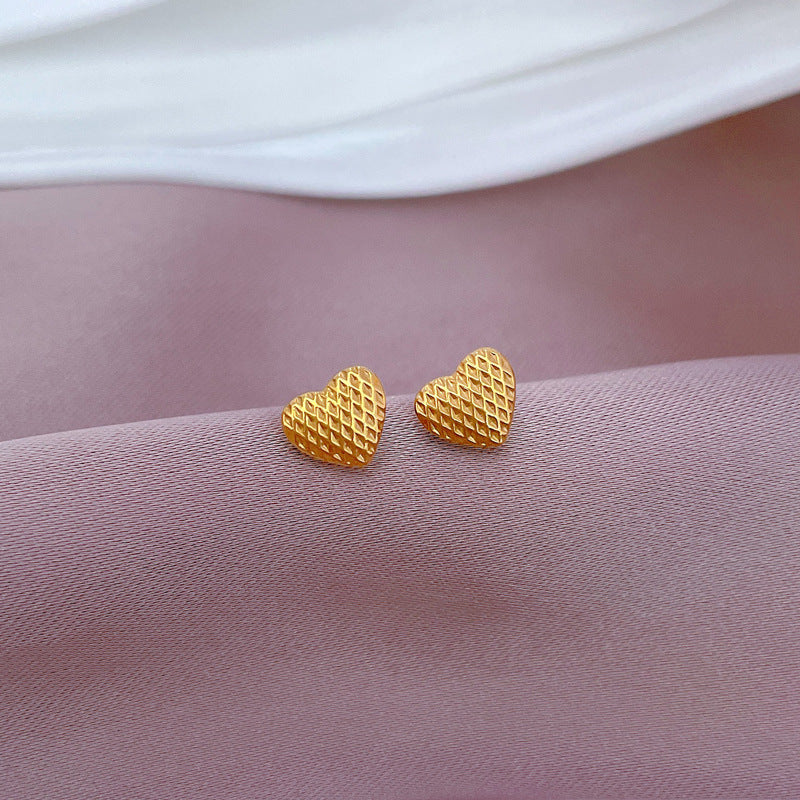 Minimalist Titanium Steel Heart Checkered Stud Earrings for Women