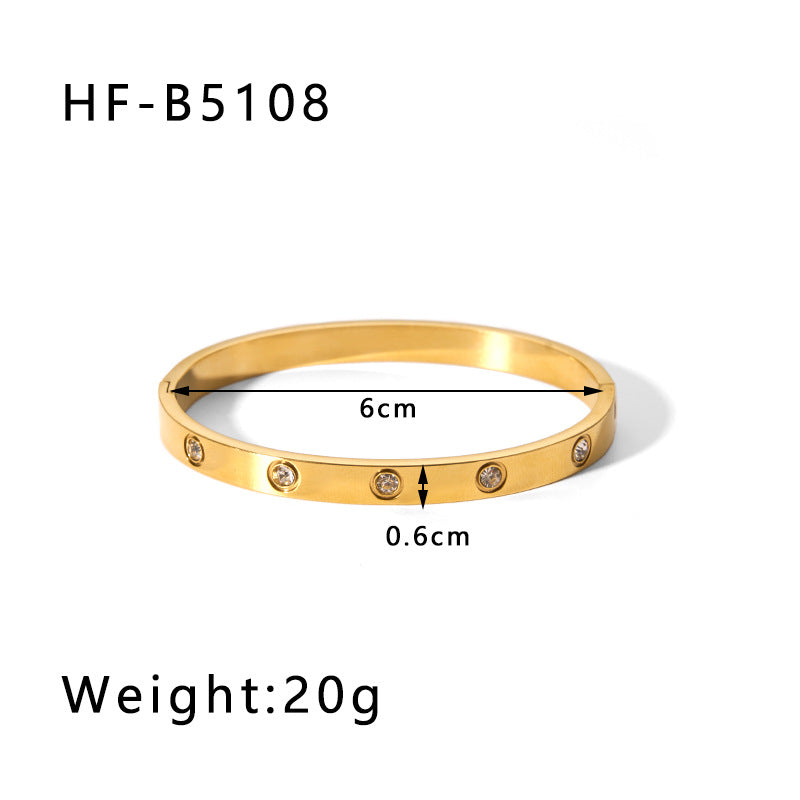 Vintage-Inspired Titanium Steel Cuff Bracelet with Zircon Inlay, Asymmetrical Design, Vacuum-Plated 18K Gold Finish for Women