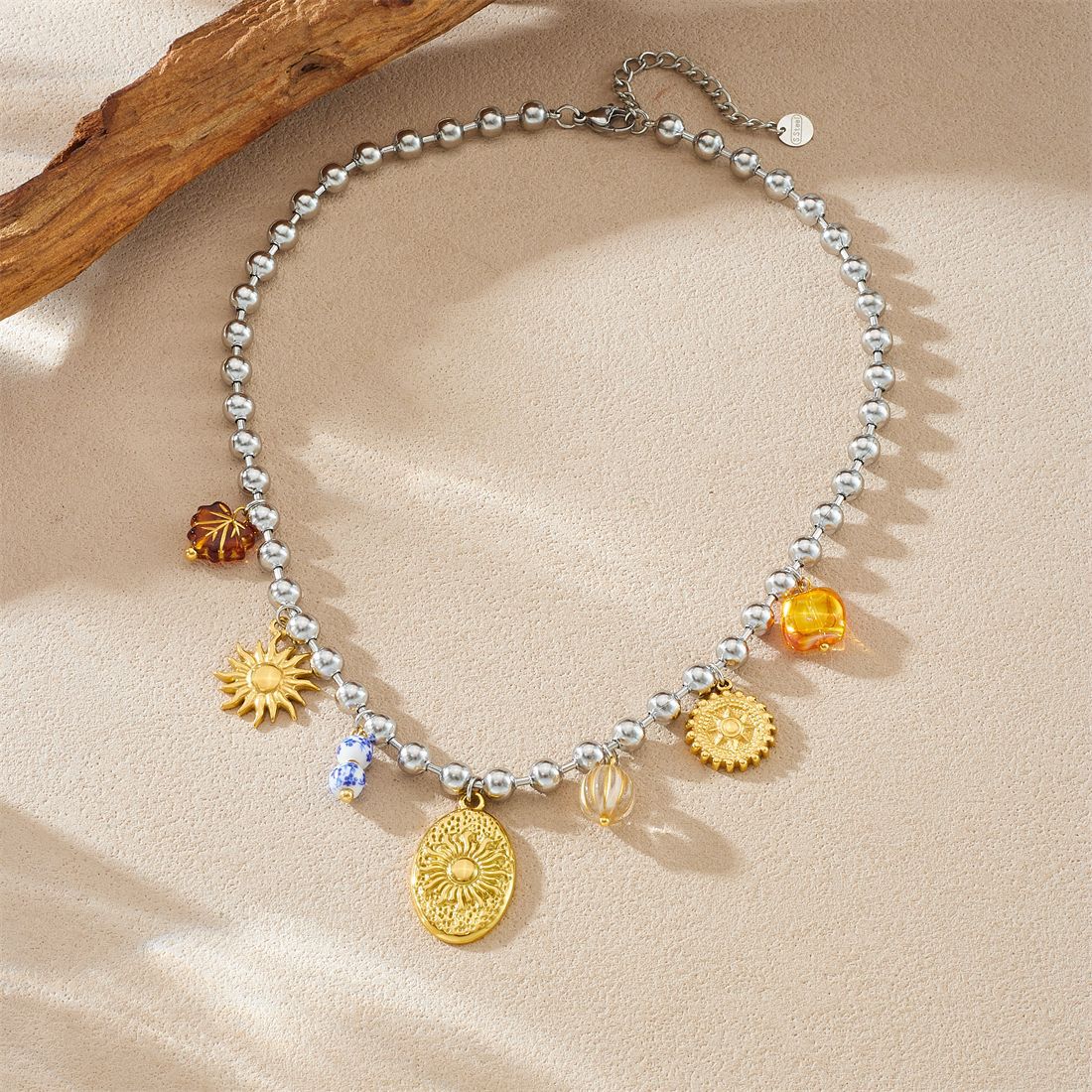Minimalist Casual Oval Geometric Sun Flower Embossed Stainless Steel Pendant Ball Chain Necklace for Women