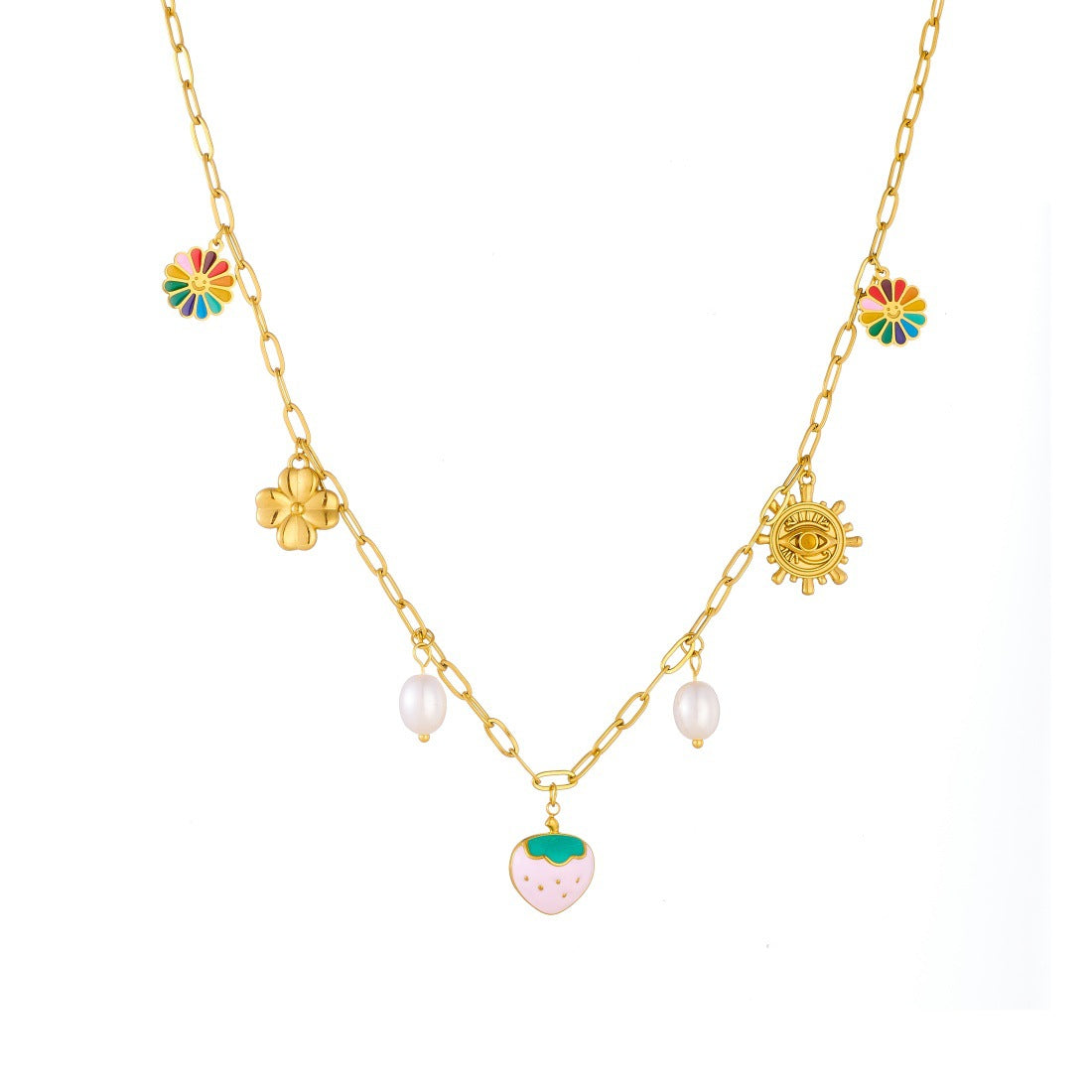 Pink Drip Oil Heart and Floral Stainless Steel Necklace with Imitation Pearl Curb Chain for Women