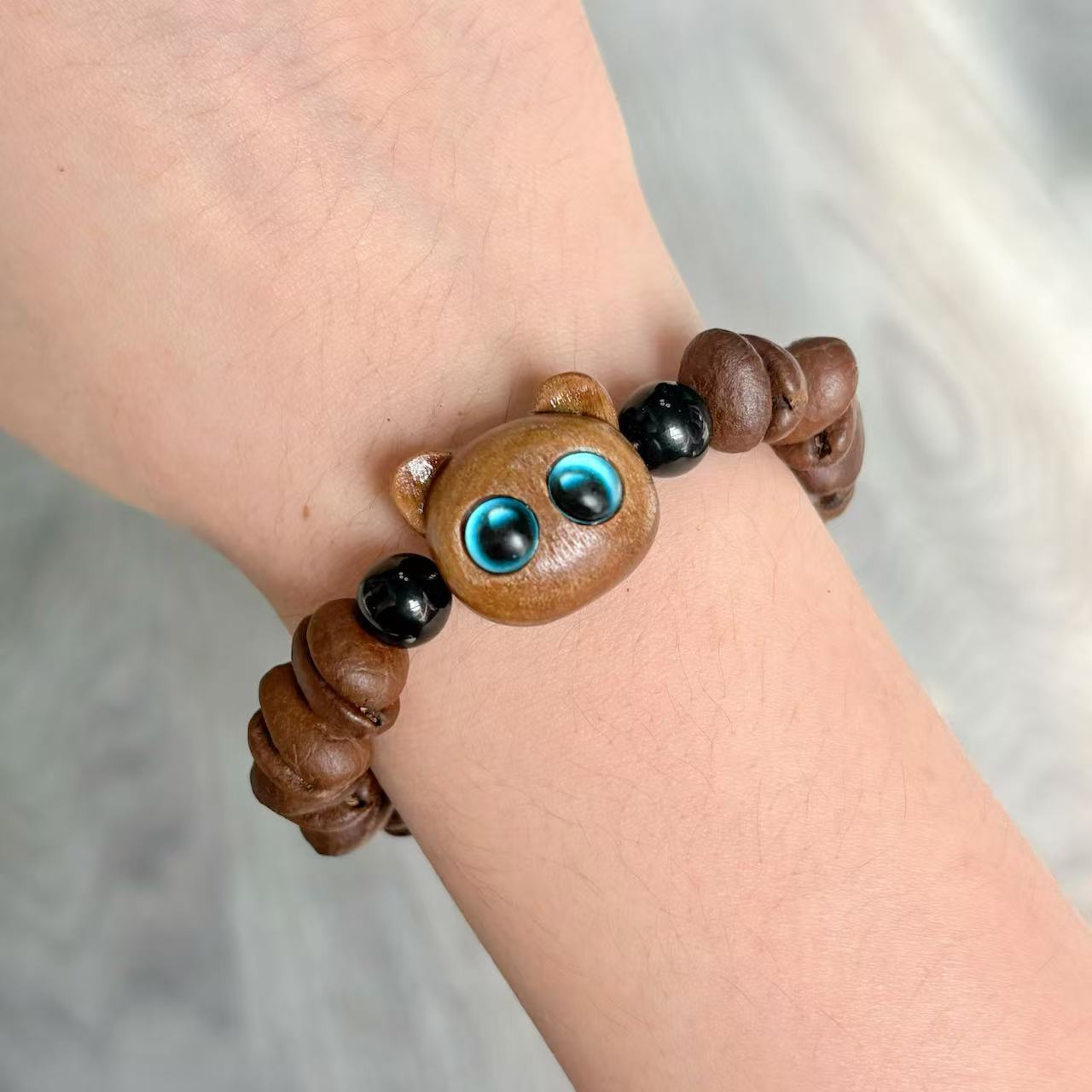 Unique Handmade Cat Animal Bracelet with Natural Wood Coconut Shell and Coffee Bean Beads