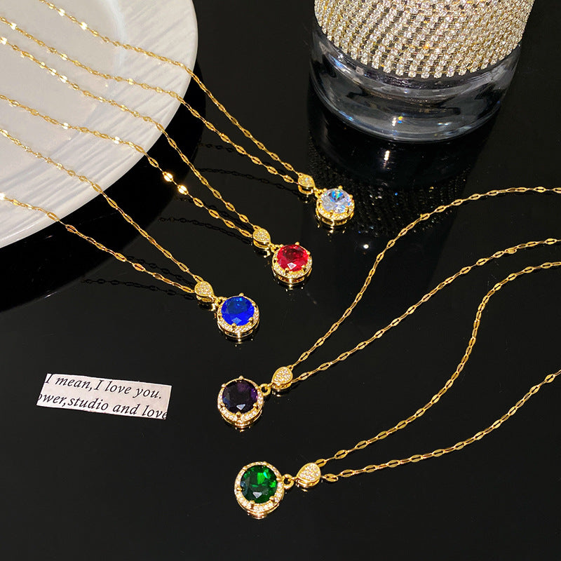 Sweet Elegant Round Geometric Micro-Inlaid Colorful Cubic Zirconia Brass Pendant Titanium Steel Necklace for Women and Men