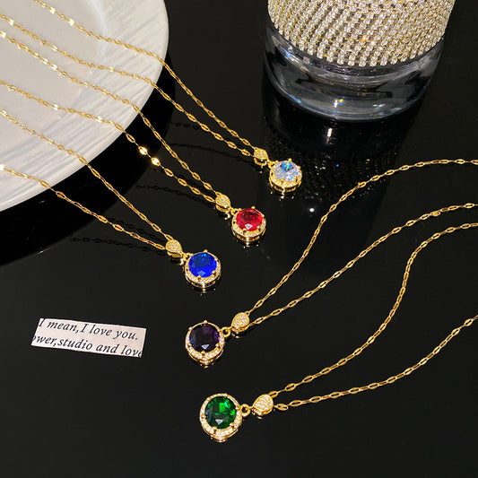 Sweet Elegant Round Geometric Micro-Inlaid Colorful Cubic Zirconia Brass Pendant Titanium Steel Necklace for Women and Men