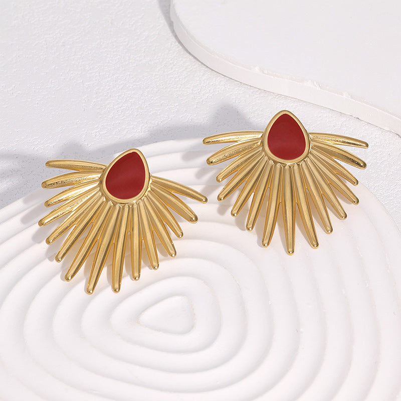 Fashion Geometric Fan Shape Stainless Steel Earrings with 18K Gold Plating and Enamel Drop Oil Finish for Women