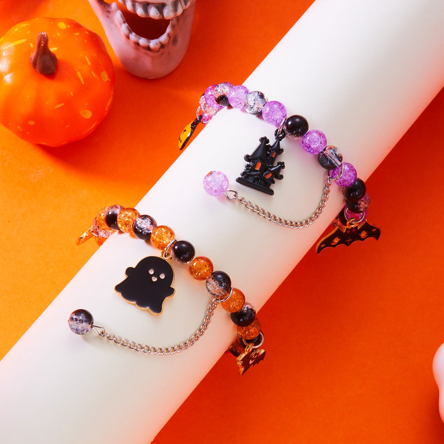 Conjunto de pulseras de calabaza de Halloween con diseño elástico de cuentas para mujer, pulsera de plástico con forma geométrica con acabado hecho a mano