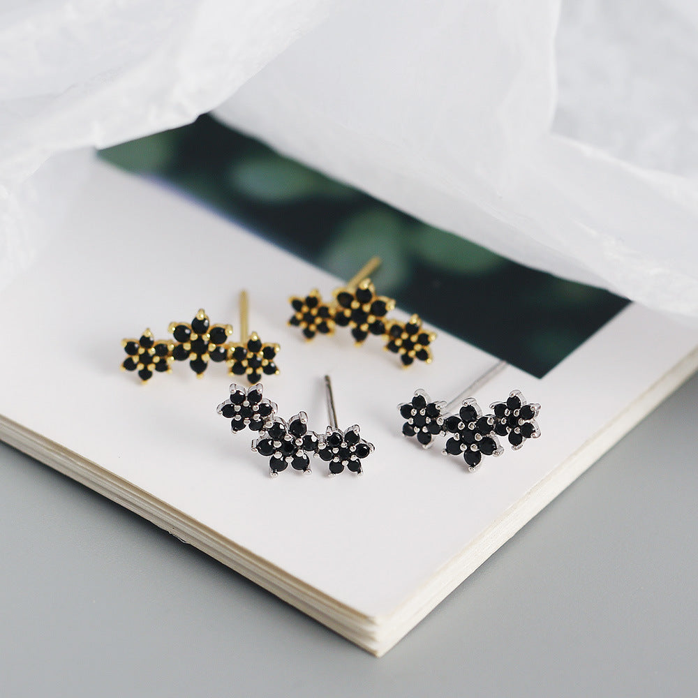 Sweet Elegant 925 Sterling Silver Floral Rhinestone Inlay Stud Earrings