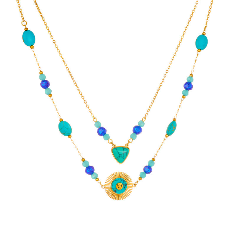 Vintage Bohemian Geometric Round Triangle Stainless Steel Plated Layered Beaded Turquoise Pendant Necklace for Women