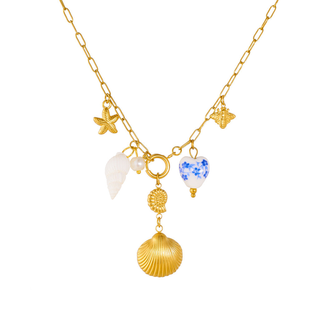 Chic Stainless Steel Plated Heart Pendant Necklace with Seashell Starfish Print for Women Summer Vacation