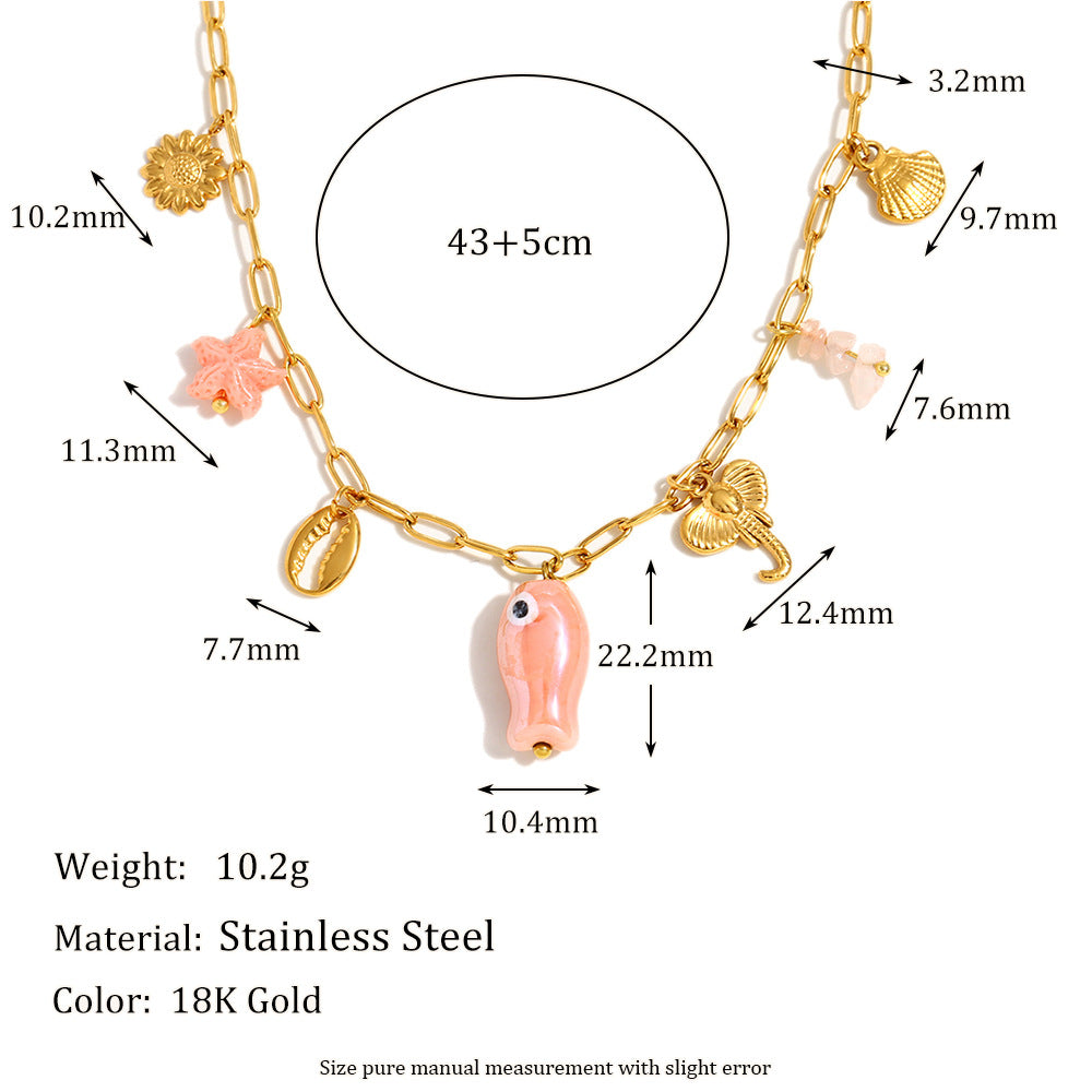 Fashion OL Pink Seashell Fish Pendant Necklace in Stainless Steel with 18K Gold Plating for Women