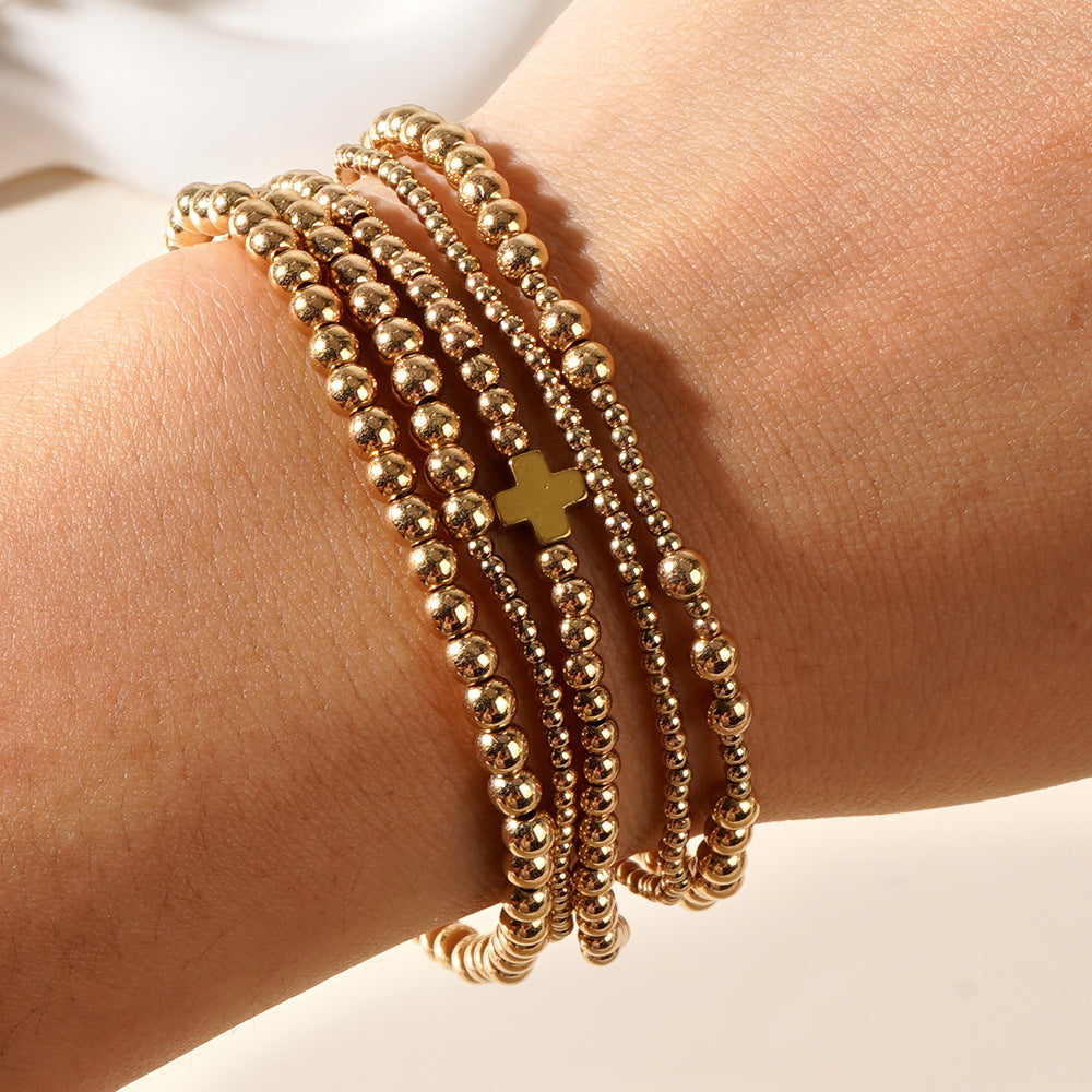 Bohemian Gold Plated Cross and Round Agate Bracelet Set Unisex Handmade Jewelry