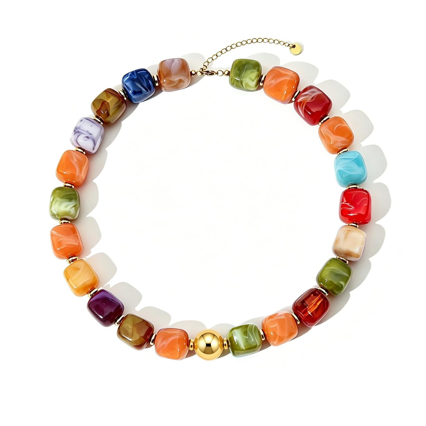 Bohemian Casual Geometric Resin Beaded Necklace with Acrylic Gold Ball Pendant Unisex Cable Chain