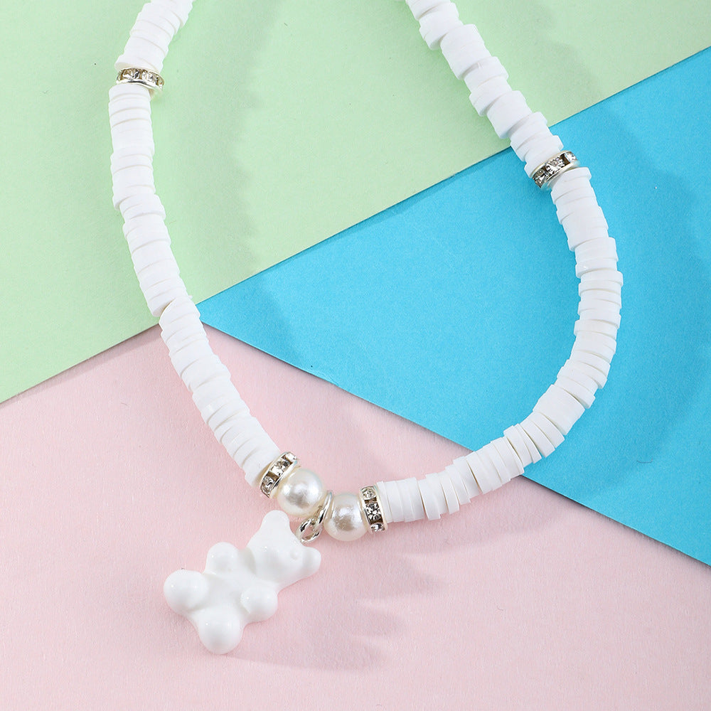 Collar con Colgante de Oso de Resina Hecho a Mano para Niñas con Cadena de Perlas, Joyería de Diseño Minimalista de Animales Tiernos