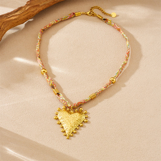 Vintage Elegant Gold Plated Stainless Steel Heart Pendant Necklace with Floral Ribbon and Beads