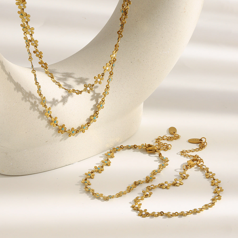 Bohemian Style Floral Pendant Necklace in Stainless Steel with 18K Gold Plating and White Enamel Detail for Women