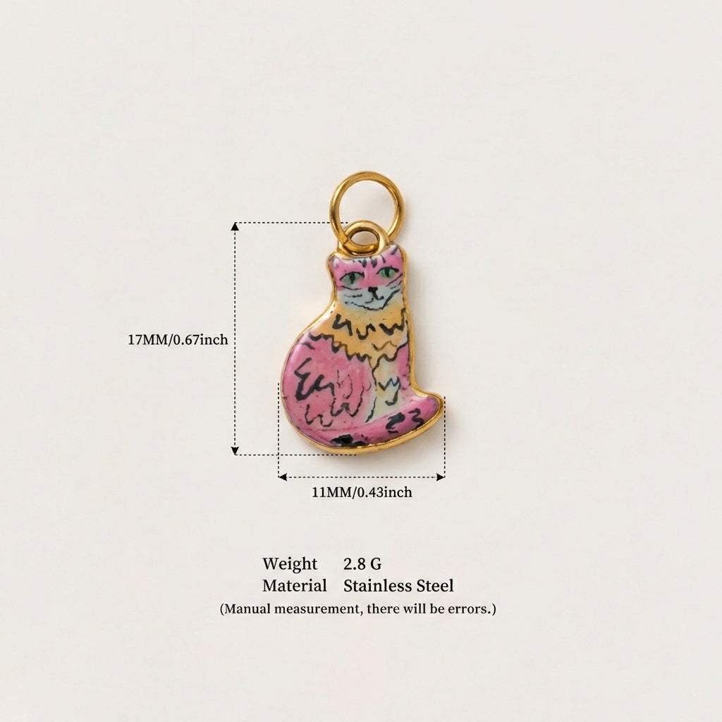 Cute Cat Ceramic Drip Oil Plated Stainless Steel Charm Bar Pendant