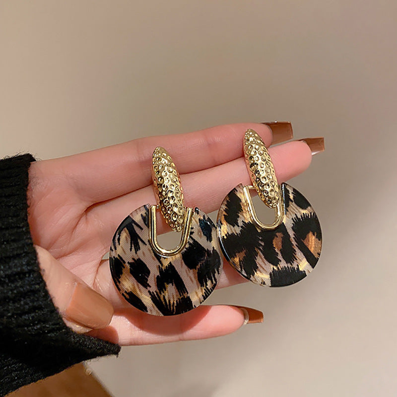 Vintage-Style Geometric Round Hoop Earrings for Women with Alloy Base Plated in Silver Tone Enamel Leopard Print and Rhinestone Inlay