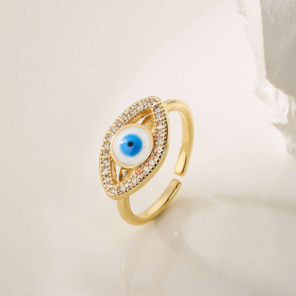 Fashion Geometric Open Ring for Women with Enamel Finish and Zircon Inlay in Copper Plated with Real Gold