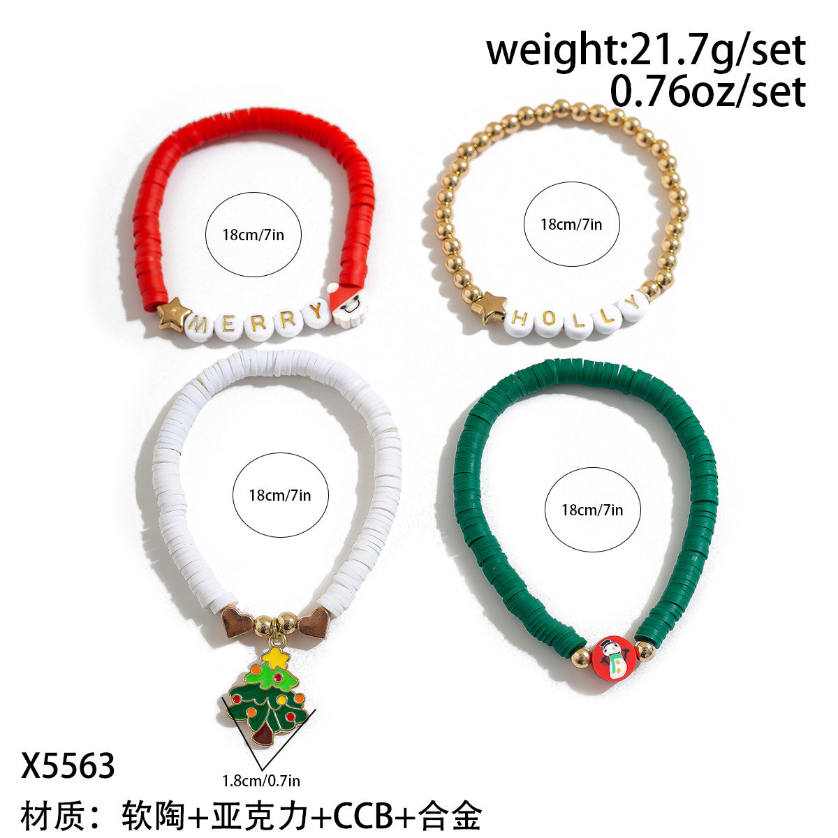 Conjunto de Pulseras de Arcilla Polimérica Hechas a Mano Estilo Dibujo Animado de Navidad con Cuentas de Letras de Muñeco de Nieve, Corazones, Estrellas y Formas Geométricas para Mujer