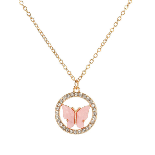 Sweet Rhinestone Inlaid Acrylic Alloy Butterfly Necklace