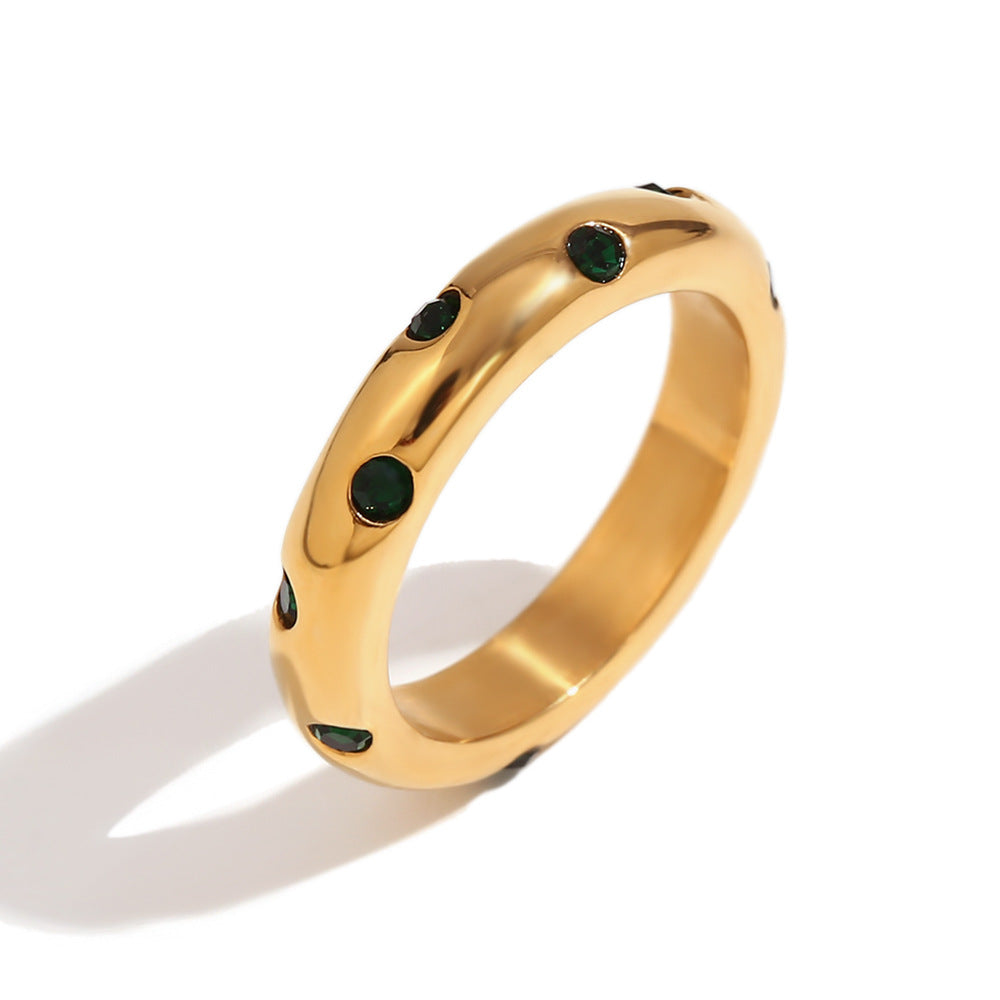 Minimalist Geometric Stainless Steel Ring with 18K Gold Plating and Micro-Pavé Round Rhinestones for Women