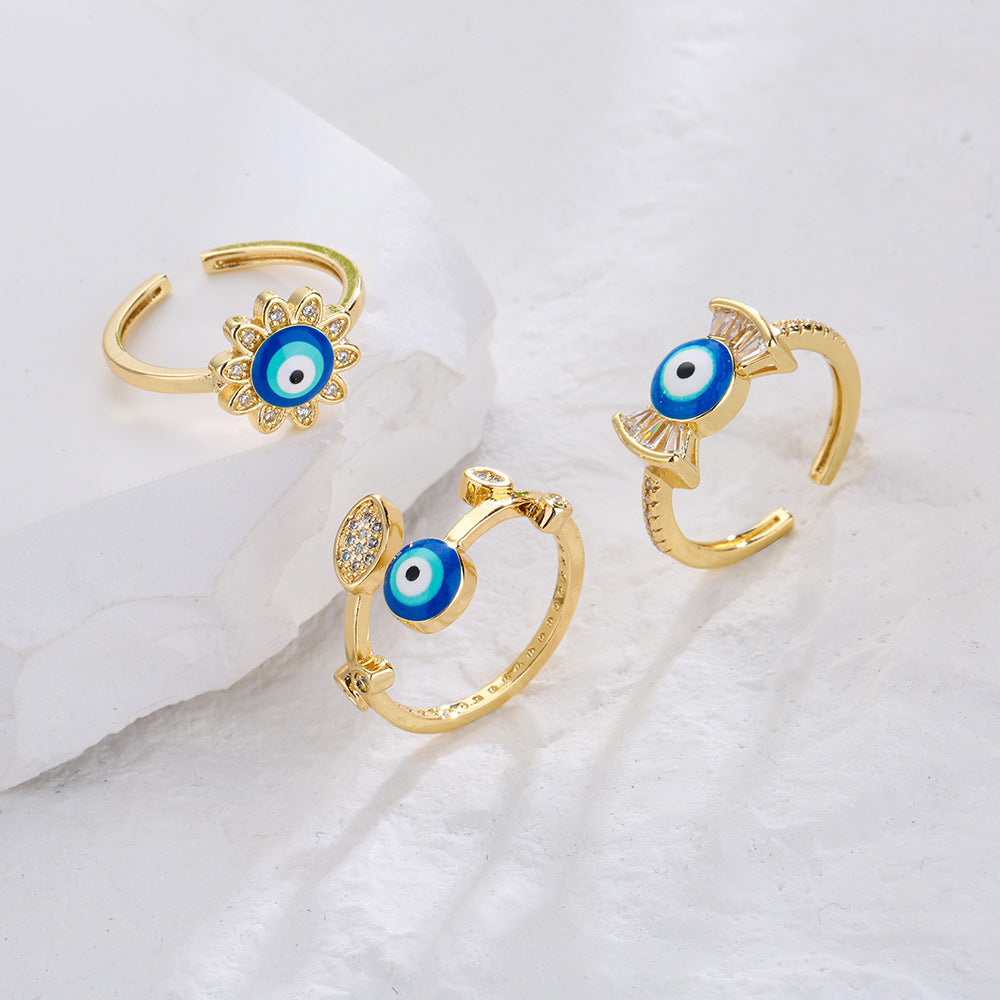 INS Style Geometric Open Ring for Women Made of Brass with Real Gold Plating Rhinestone Inlay and Enamel Eye Design