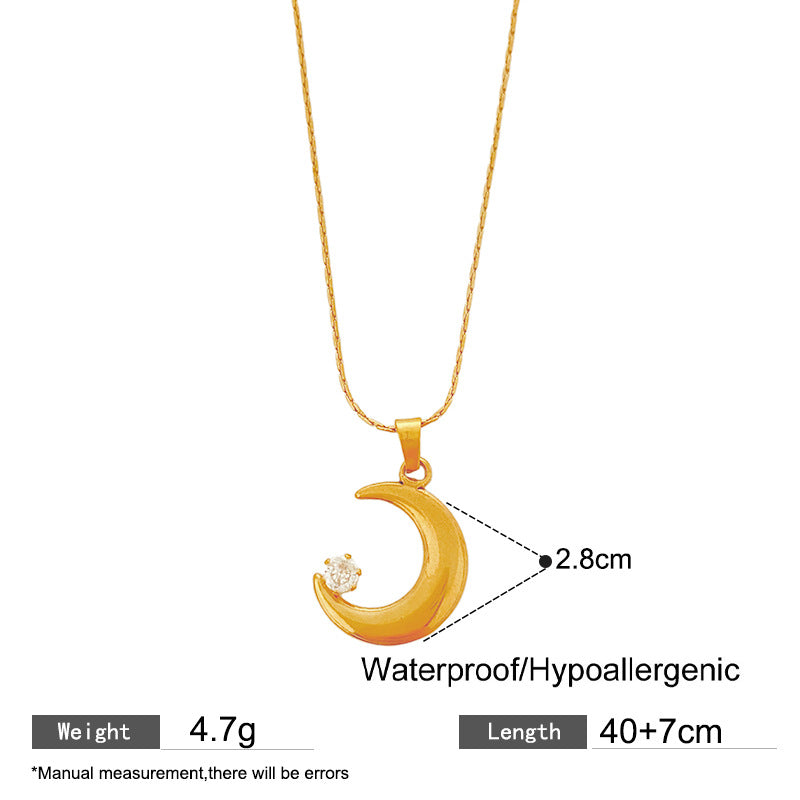 Sweet Minimalist Gold Plated Moon Cubic Zirconia Necklace Titanium Steel