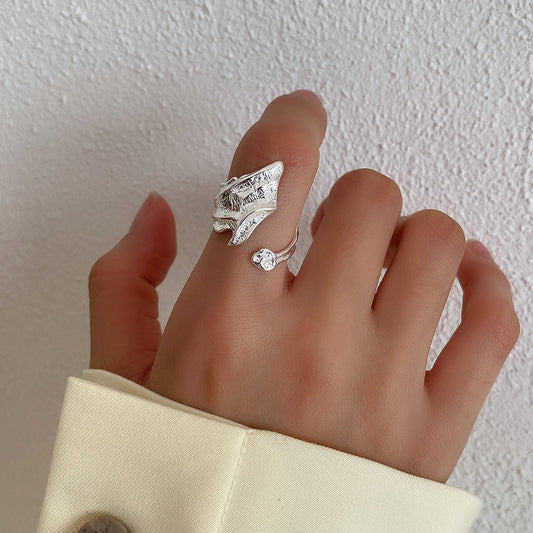 Anillo geométrico de plata de ley 925 con textura irregular vintage para mujer