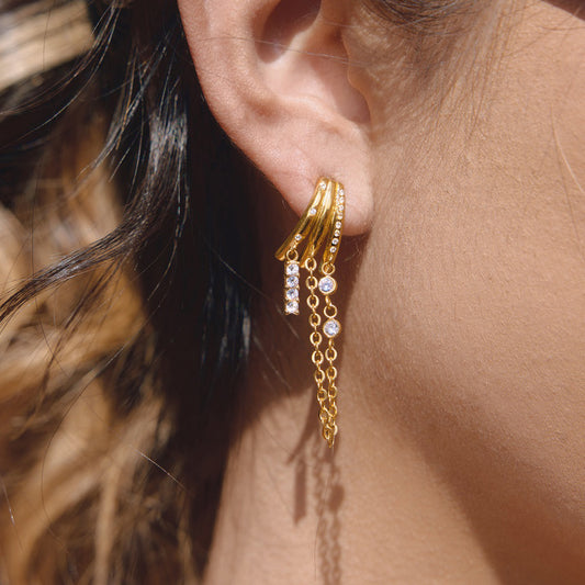 Elegant Geometric Stainless Steel Tassel Earrings with Pearl Inlay for Women
