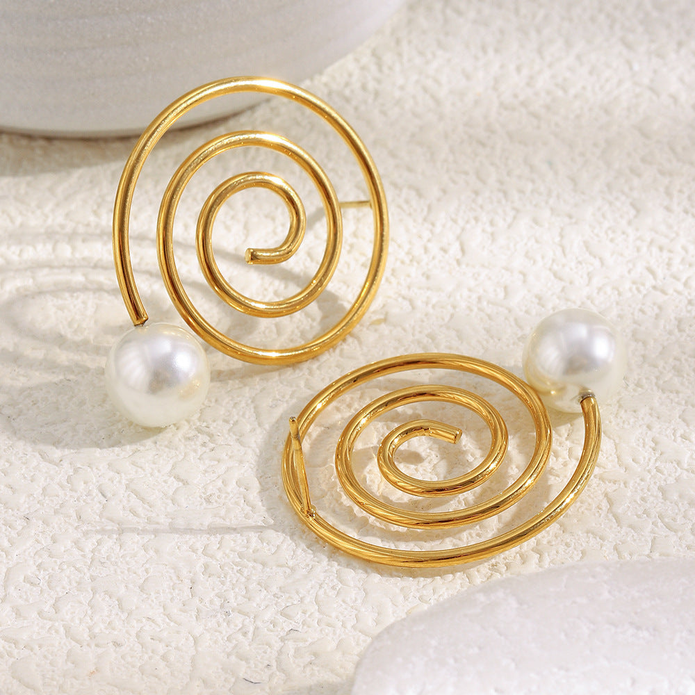 Orecchini da Donna a Perno Minimalisti Geometrici a Spirale Placcati Oro 18K in Acciaio Inossidabile con Perla