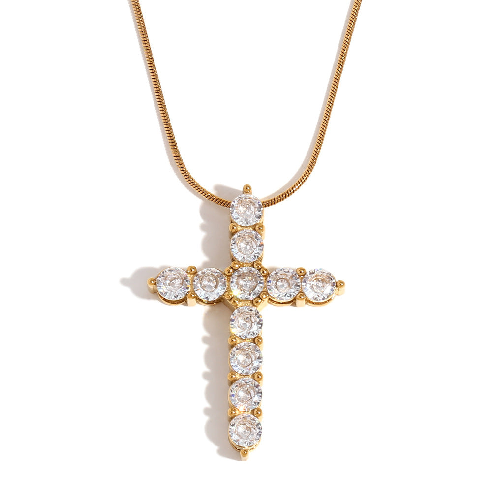 Collana con Ciondolo a Croce Minimalista alla Moda da Donna in Acciaio Inossidabile Placcato Oro 18K e Intarsio di Strass Colorati su Catena Serpentina