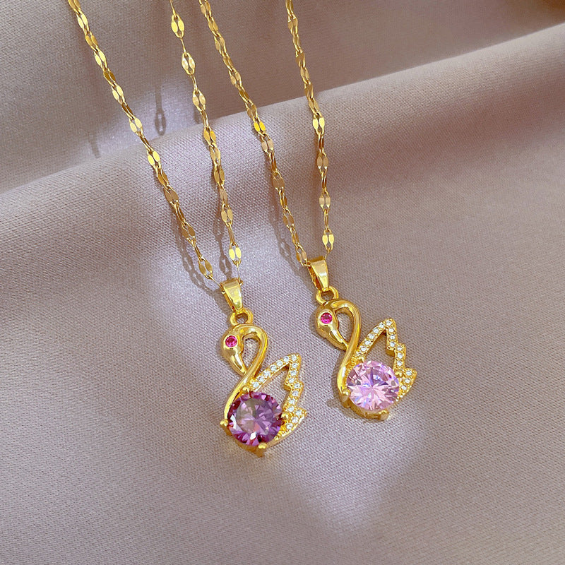 Luxury Swan Pendant Necklace for Women Titanium Steel Geometric Inlaid Rhinestone Clavicle Chain with Plated Finish