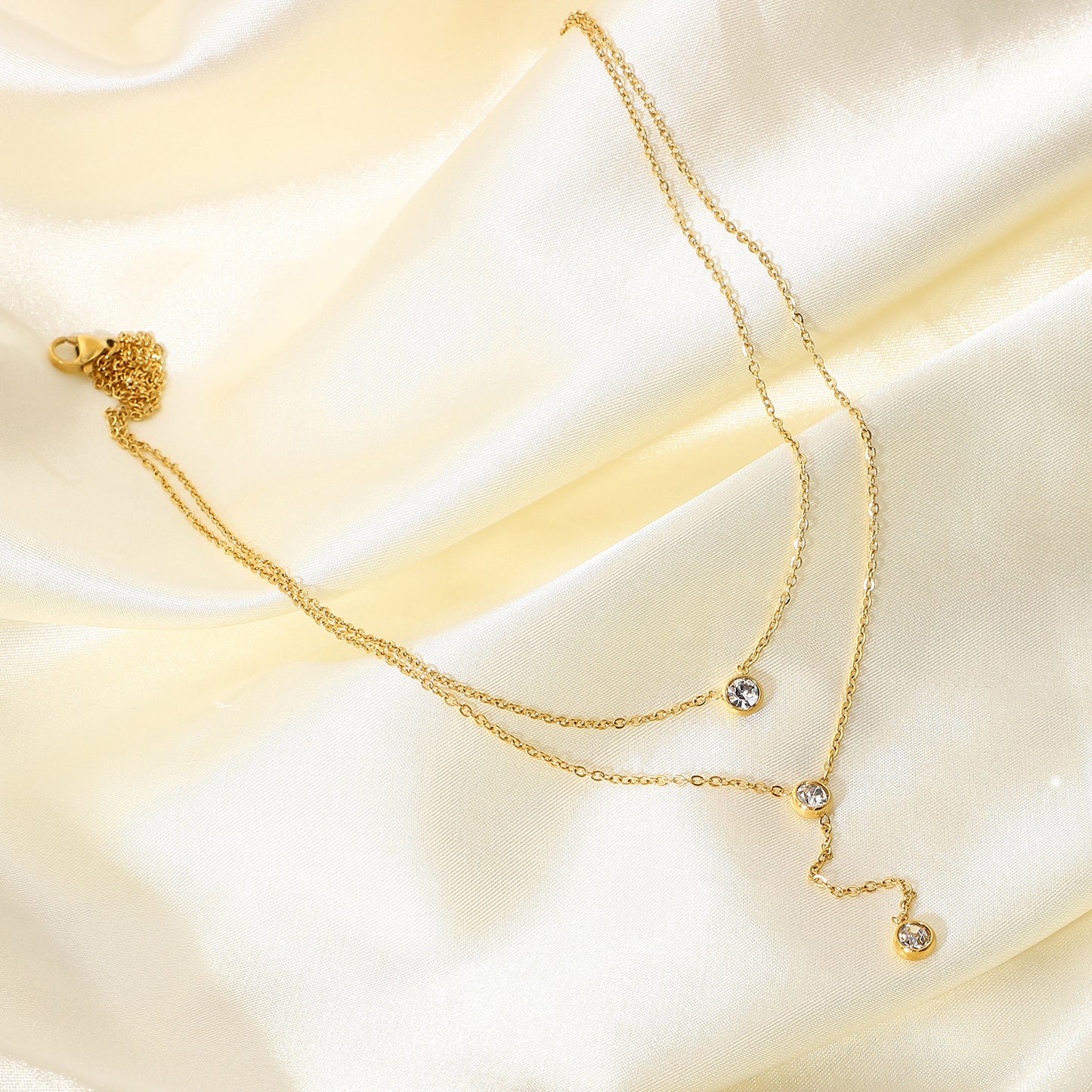 Trendy 18K Gold Plated Stainless Steel Y-Shape Geometric Necklace with Sparkling Water Drop Zircon for Women