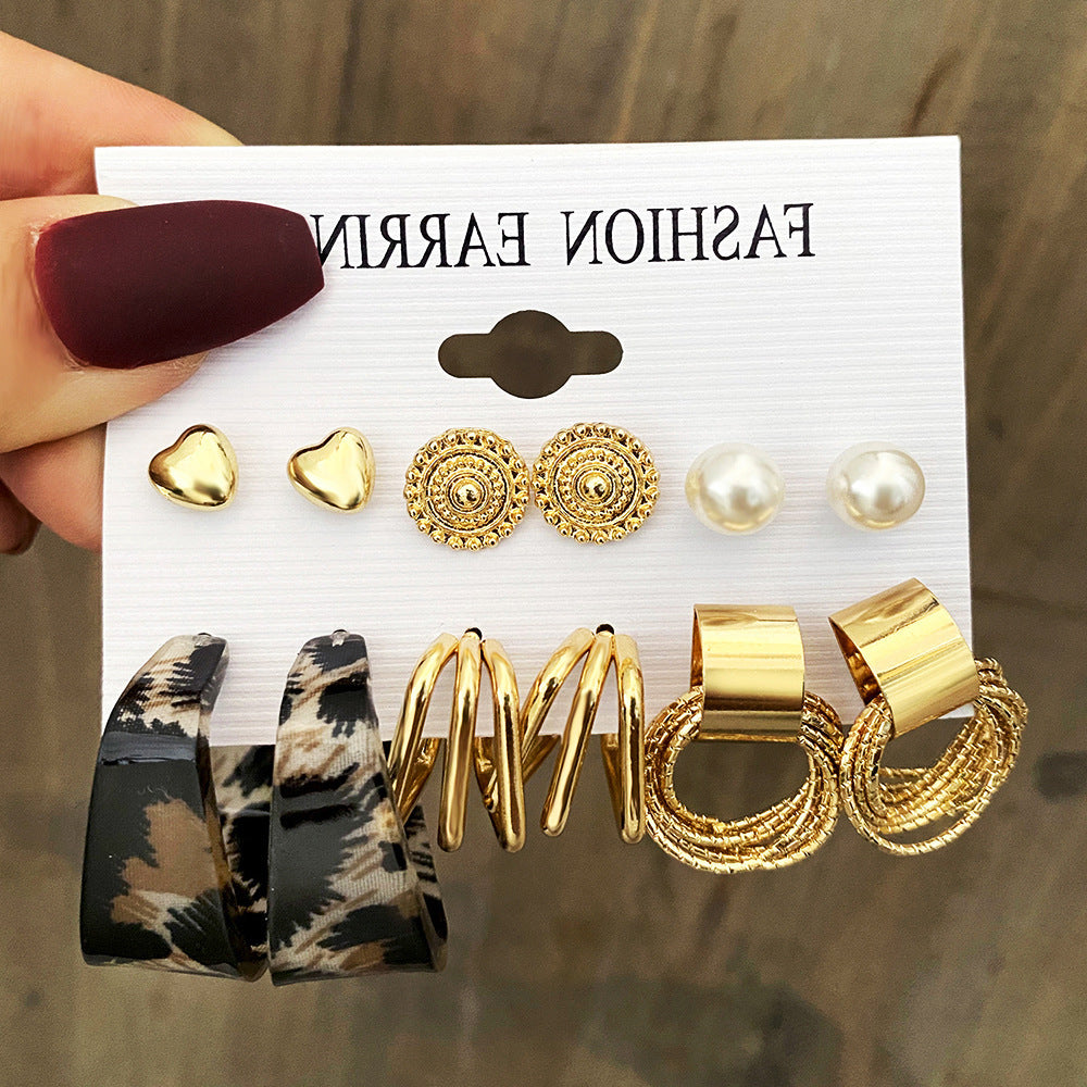 Vintage Square Geometric Heart Alloy Plated Earring Set with Pearl Inlay