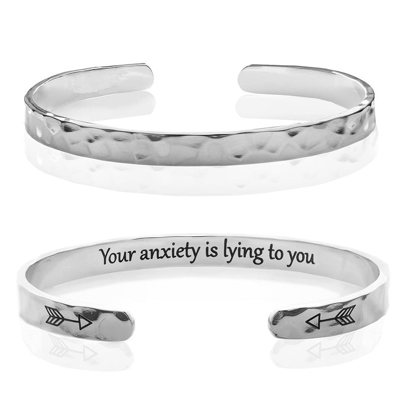 Minimalist Stainless Steel Engraved Open Moon Surface Textured Hammered Bracelet
