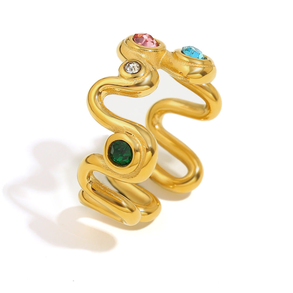 Elegant Wave-Shaped Geometric Stainless Steel Ring with 18K Gold Plating and Colorful Rhinestone Inlay for Women