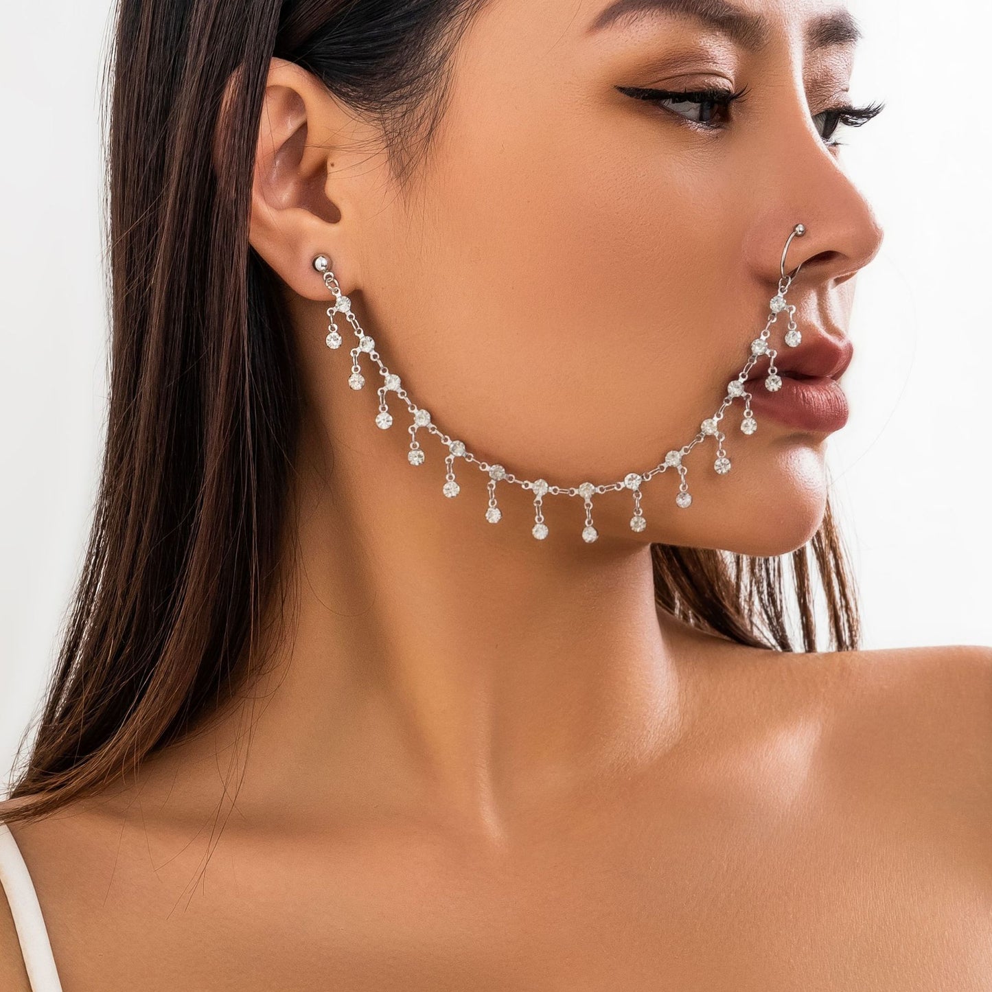 Pendientes de botón geométricos Punk Chic con pedrería, borla y cadena para mujer