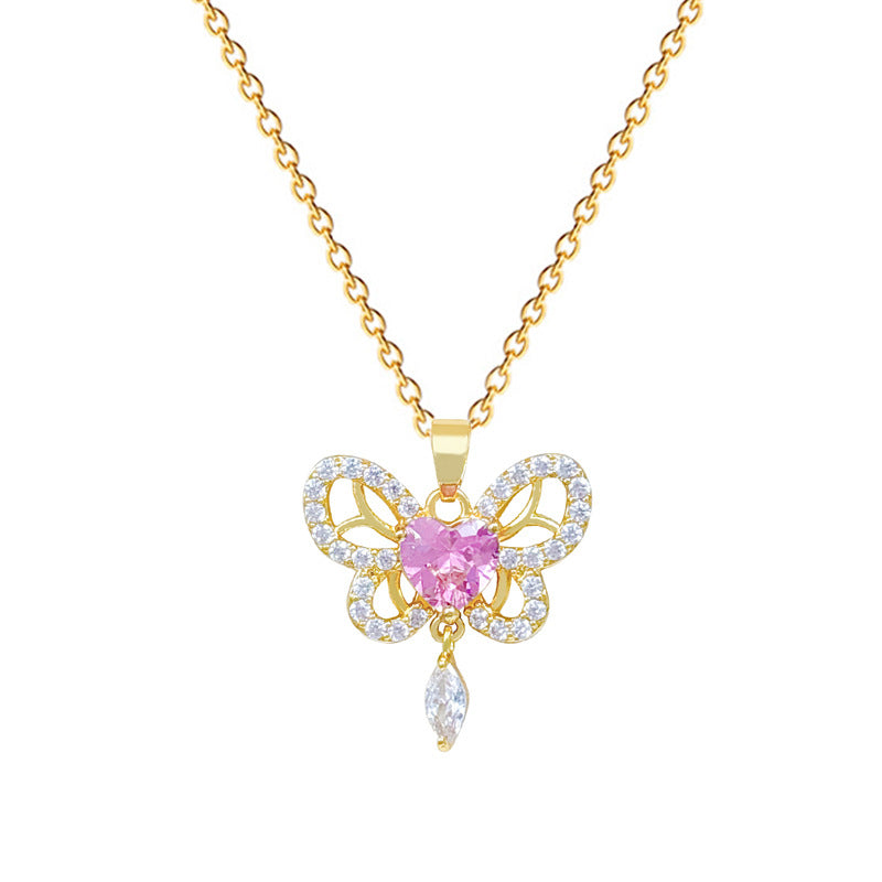 Sweet Elegant Butterfly Hollow Tassel Rhinestone Pendant Necklace Titanium Steel Cable Chain for Women