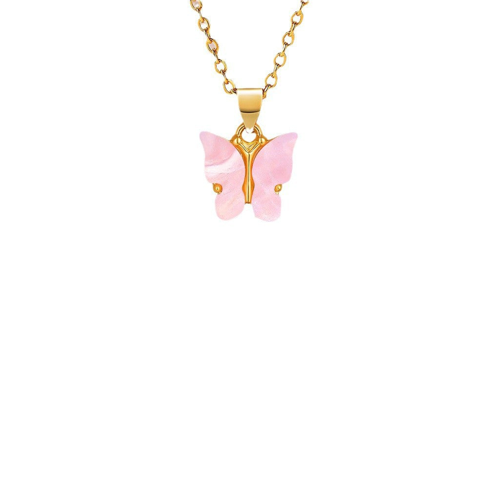 Pink Butterfly Pendant Stainless Steel Necklace for Women