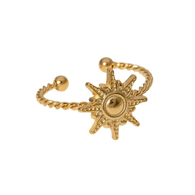 Fashionable Sun-Shaped Open-Ended Stainless Steel Ring for Women with Plated Finish