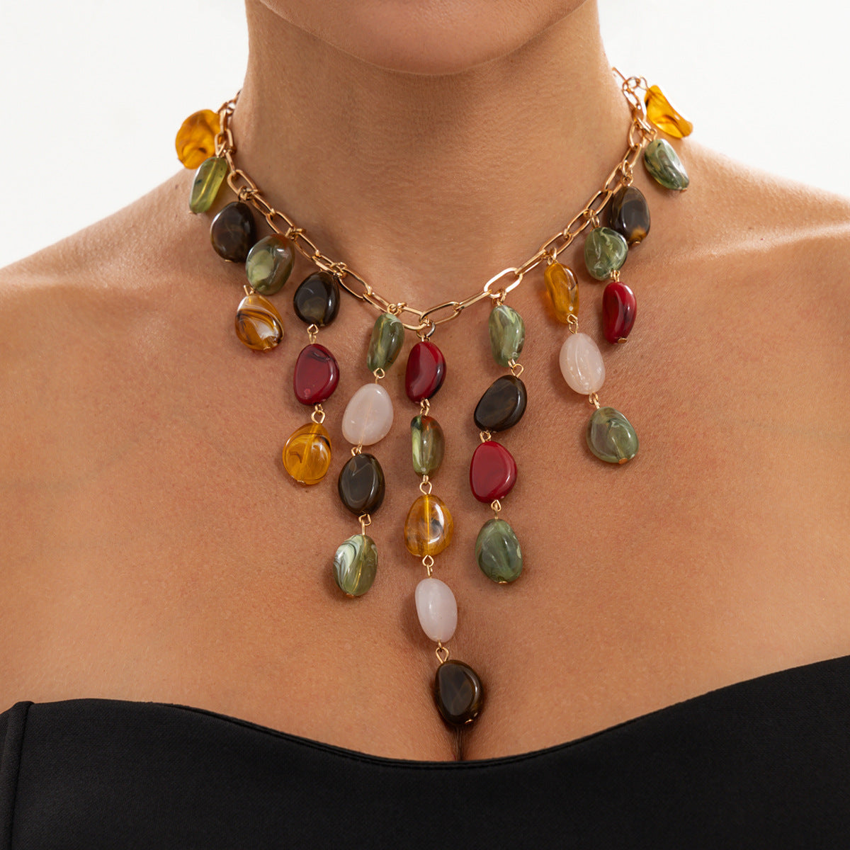 Bohemian Vintage Geometric Oval Resin Pendant Plated Alloy Necklace for Women