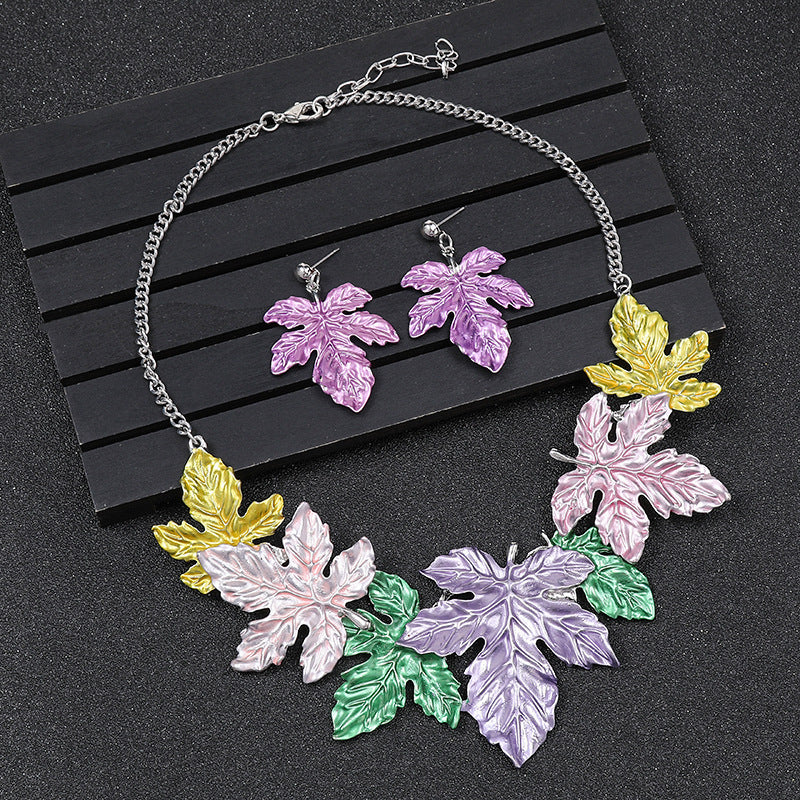 Exaggerated Vintage Maple Leaf Enamel Alloy Necklace and Earrings Set with Leaf Motif for Women