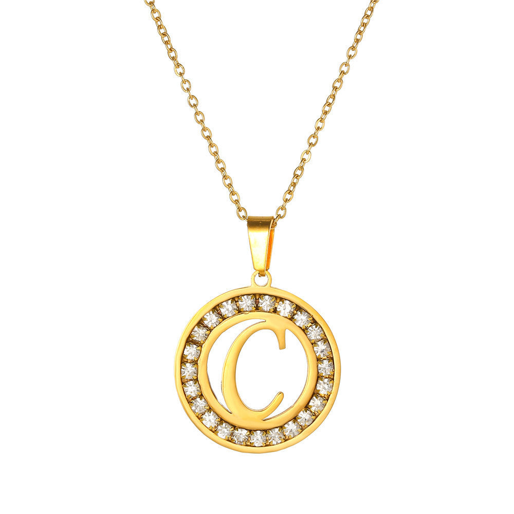 Minimalist Gold Plated Round Letter Rhinestone Inlay Pendant Necklace Titanium Steel Cable Chain