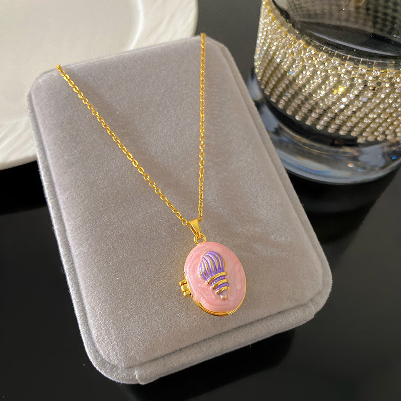 Vintage Enamel Drip Oil Oval Heart Brass Pendant Titanium Steel Necklace Cable Chain
