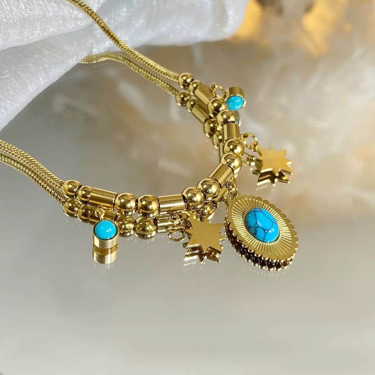 Minimalist Oval Star Turquoise Inlay Titanium Steel Necklace for Women