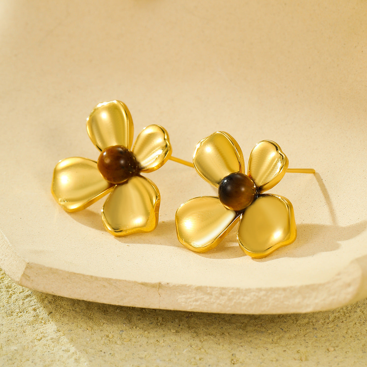 Pendientes minimalistas de acero inoxidable con forma de pétalo e incrustaciones de piedra natural para mujer