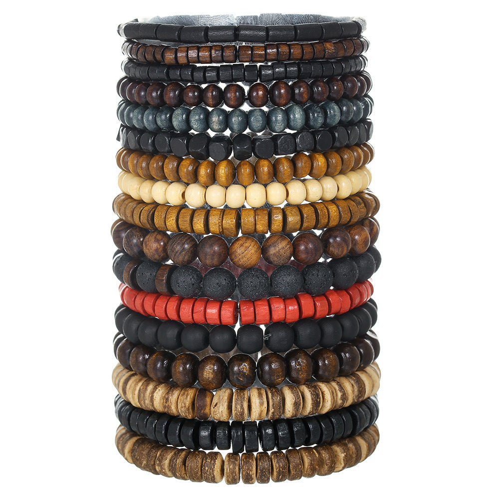 Bracciale Artigianale con Perline per Uomo e Donna con Perle di Legno Pietra Vulcanica Onice Nero Elastico Stile Bohemien Design Geometrico Rotondo