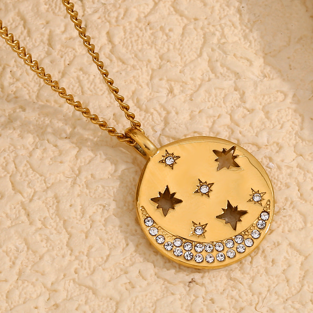 Collana con pendente geometrico minimalista a forma di luna e ottagramma da donna in acciaio inossidabile placcato oro 18 carati
