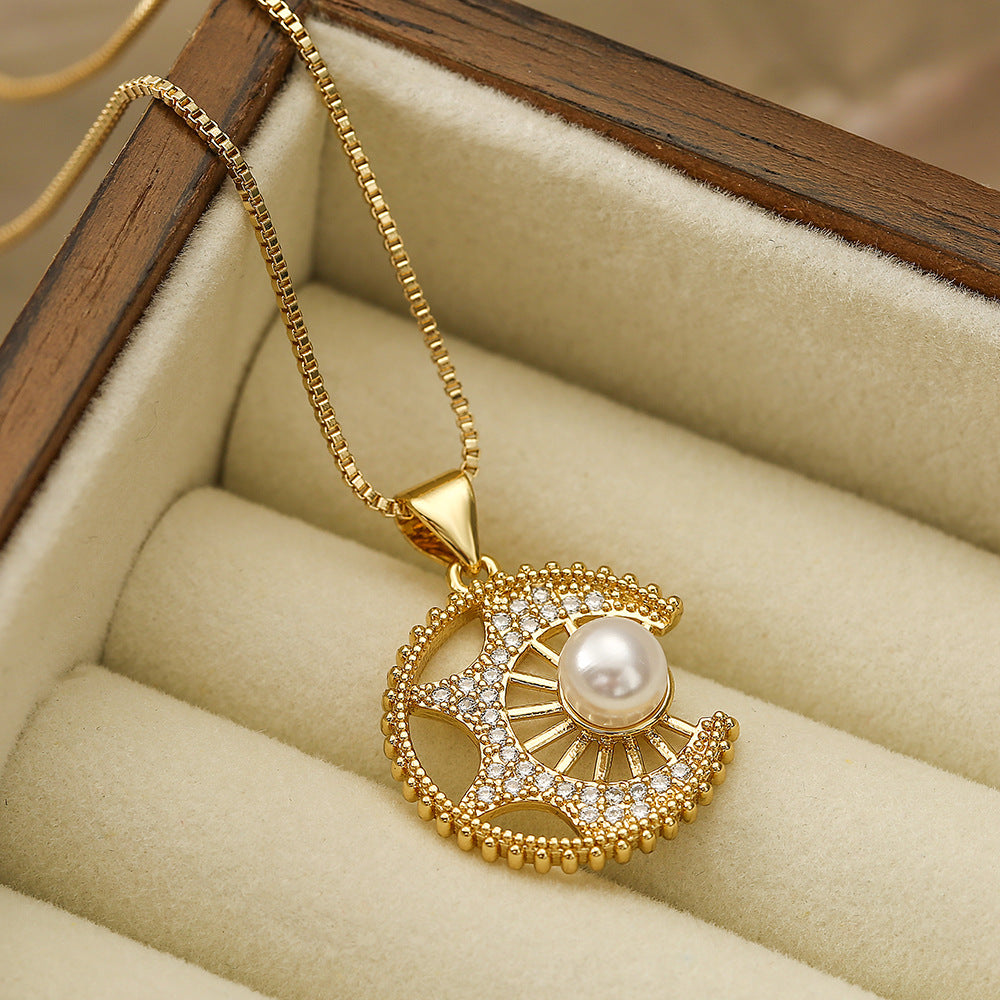 Minimalist Geometric Star Pendant Necklace in Copper with Zircon and Pearl Accents for Women