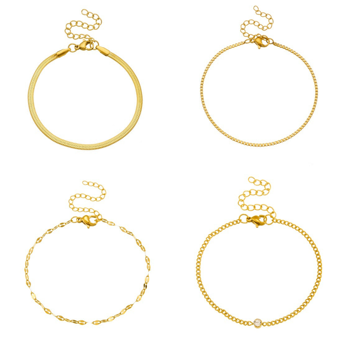 Minimalist Gold Plated Stainless Steel Rhinestone Layered Cable Chain Bracelet Set for Women