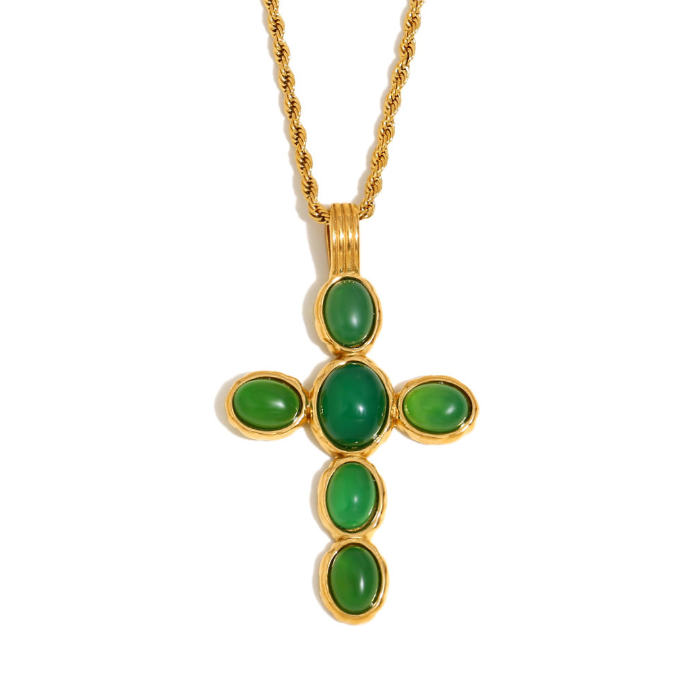 Vintage Style Cross Pendant Necklace for Women in Stainless Steel with 18K Gold Plating and Green Gemstone Accent